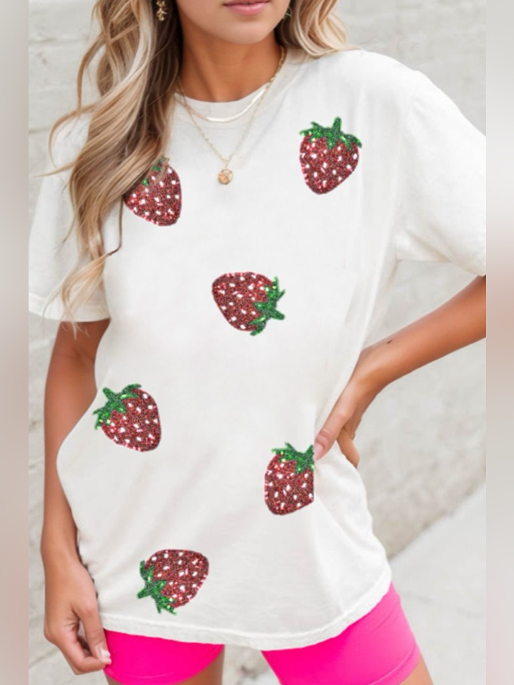 Sequin Strawberry Crew Neck Short Sleeve T Shirt